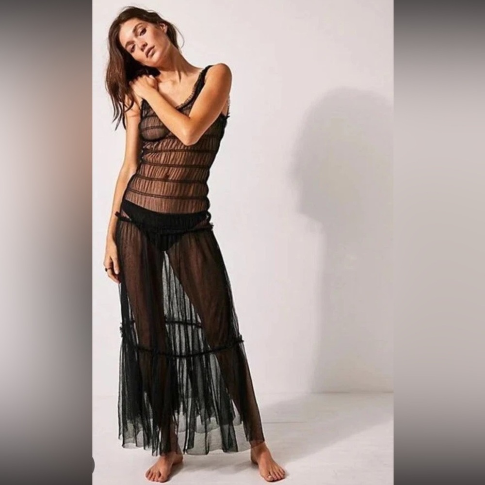 FP Intimately Black Mesh Tulle Ruched Maxi Dress - Picture 2 of 12